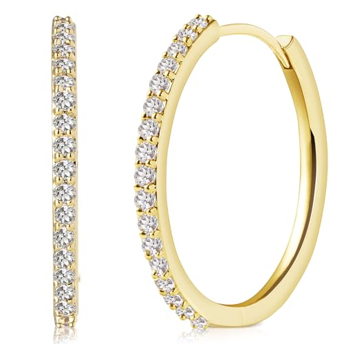 Rhinestone Hoop Earrings，14K Gold Plated Thin Cubic Zirconia Hoops，Sparkling Hoops, Lightweight & Effortlessly Chic, Trendy Jewelry Hoop Earrings for Women (CZ Hoop 32mm)