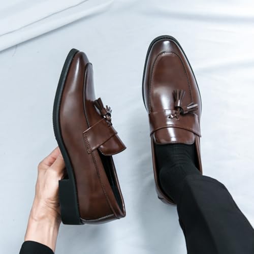 Mens Retro Leather Slip-On Dress Tassels Loafers Low Chunky Heels Comfortable Non-Slip Casual Penny Loafers for Work Office Party Wedding4