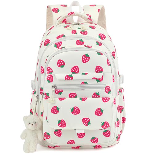 PRLINJSK Girls Backpack for College High Middle School Student Cute Aesthetic Bookbag for Teens Women with Accessories Beige Strawberry