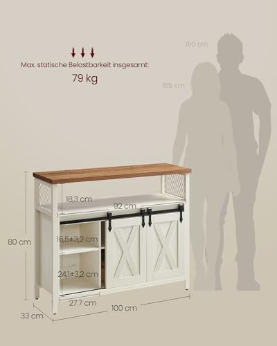 VASAGLE Sideboard, Küchenschrank, Aufbewahrungsschrank, mit 2 Schiebetüren, 33 x 100 x 80 cm, verstellbare Ablagen, für Wohnzimmer, wolkenweiß-honigbraun LSC092W01
