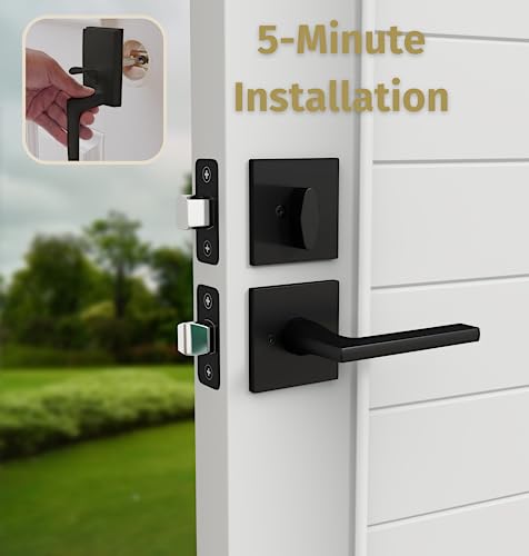Image of Mega Handles - TOBELLE Black Entry Door Handleset - Single Cylinder Handleset with Lever for Entrance and Front Doors - Modern Door Handles for Left and Right-Handed Doors - Straight Handle