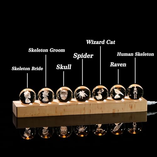 Image of Qianwei 3D Crystal Ball Gothic Halloween Decor with Led Lamp Base - Best Birthday Gift for Man Teacher Boy Kids - Skeleton Bride Gloom Spider Skull Wizard Cat Raven Gifts