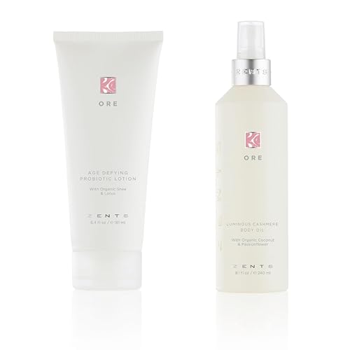 Zents Set de loción probiótica y aceite corporal de cachemira que desafía la edad (fragancia mineral) | Loción hidratante con ácido hialurónico y