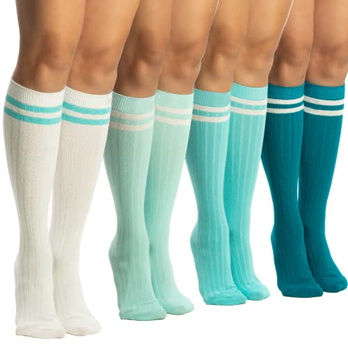 Sirici Knee Socks | 4 Pairs Striped Cotton Knee High Socks For Women | Tube Socks for girls (White w