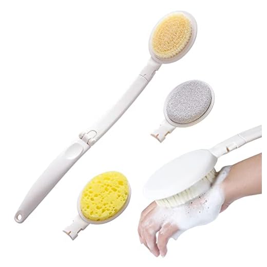 Esfregão traseiro para chuveiro - Esponjas de banho para homens 3 em 1 - Esfoliante corporal para banho de pele, cerdas de massagem adequadas para molhado ou seco com cabo de 19 polegadas,