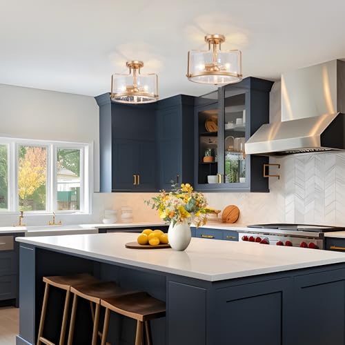 LALUZ Gold 3-Light Modern Semi Flush Ceiling Light