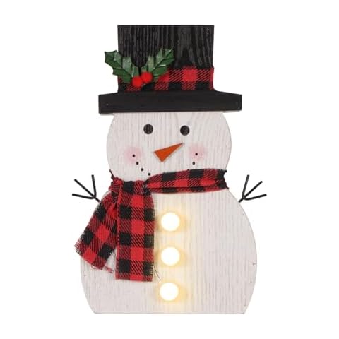 HOMirable Christmas Decorations for Home LED Lighted Snowman Decor Farmhouse Merry Christmas Sign Wooden Rustic Red Plaid Scarf Tabletop Xmas Holiday Signs Party Indoor Room Cover