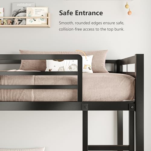 Image of iPormis Metal Bunk Bed Twin Over Twin, Heavy Duty Bunk with High Guardrail and Safety Entrance Design, Under-Bed Storage Space, Easy Assembly, Noise Free, Black