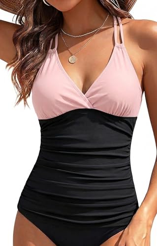 Tankini à armatures Hilor maillot de bain col en V dos croisé rose et noir taille 46