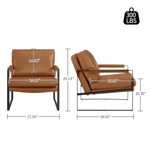 Art Leon Genuine Leather Accent Chair, Mid Century Modern Chair, Lounge Armchair with Black Metal Legs, Single Side Chair for Living Room Bedroom Small Spaces, Brown