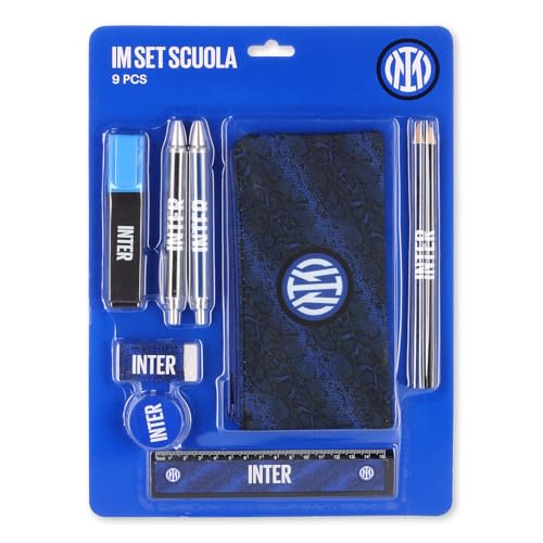 Inter Linea Home - Set Escolar con Estuche, Regla, sacapuntas, Goma, 2 bolígrafos, 2 lápices y subrayador, Color Azul Real con Estampado de Serpiente y Logotipo Oficial