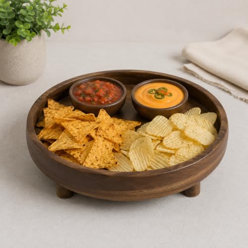 Image of D&G Homes Sheesham Wooden Round Serving Tray with Legs, Multipurpose Serving and Decor| Premium Handcrafted Wooden Tray for Home, Kitchen, Dining Table, Restaurant, Office Organizer