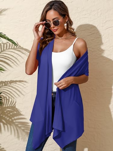 Image of Women's Lightweight Open Front Cardigans Short Sleeve Casual Soft Sheer Cardigan S-2XL with Pockets