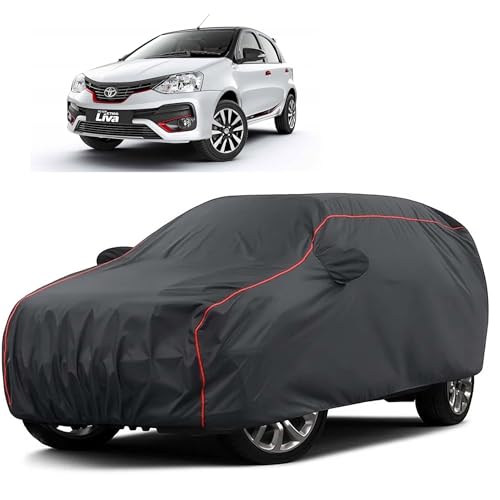 Image of Sulfar 100% Water Resistant Car Body Cover Compatible with Mirror for Toyota Etios Liva (Triple Stitched, Full Bottom Elastic, Dark Grey Taffeta with Red Piping)
