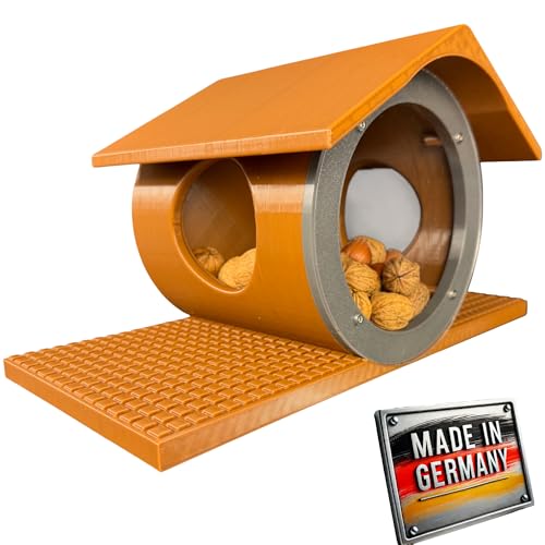 Eichhörnchen-Futterhaus mit seitlichen Rundöffnungen – leicht zu reinigen Dank herausnehmbarer Kartusche (Braun, mit grauem Frontring)