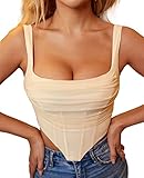 Parthea Women's Mesh Ruched Corset Top with Straps Party Bustier Fashion Slim Crop Top