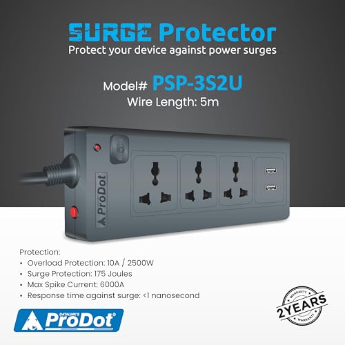 Image of Prodot 3 Universal Sockets with 2 USB Ports Surge Protector I 5m Heavy-Duty Copper Cord | Up to 2500W (250V~10A) I Automatic Overload Protection I Shock-Proof ABS Body I Home, Office & Travel Use