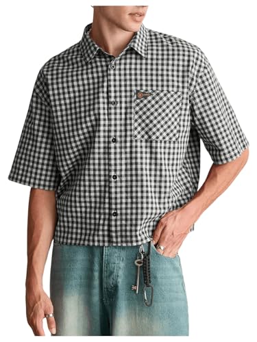 SHENHE Men's Plaid Button Down Short Sleeve Shirt Loose Fit Casual Shirt with Chest Pocket