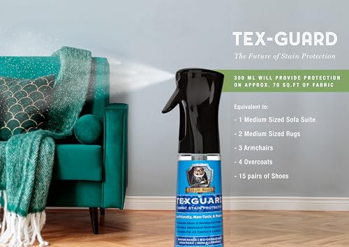 Texguard Premium Fabric Protector. Eco-Friendly, Powerful stain & waterproof protection. 300ml Mist Spray. Suitable all fabrics & leathers. Rugs, Upholstery, Fashion, shoes Texguard Premium Fabric Protector. Eco-Friendly, Powerful stain & waterproof protection. 300ml Mist Spray. Suitable all fabrics & leathers. Rugs, Upholstery, Fashion, shoes