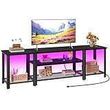 WelFurGeer Industrial Metal TV Stands with RGB LED Lights & Built-in Power Outlets - Modern TV Entertainment Center for Living Room, Open Grid Design TV Console with Storage (Black)