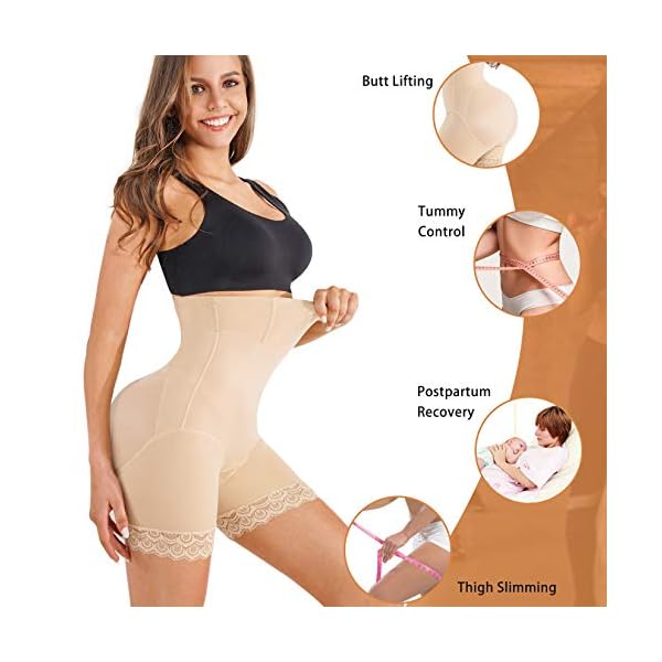 Nebility Waist Trainer for Women High Waist Tummy Control Panty Lace Butt Lifter Shapewear Slim Body Shaper Shorts (Medium, Beige)