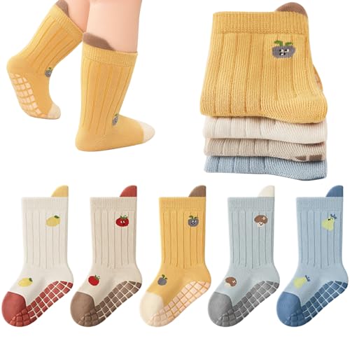 QIYIENDIAN Chaussettes Antidérapantes pour enfants en coton 5 Paires Chaussettes Bébés Motif Animaux（Blue fruit，0-1Y