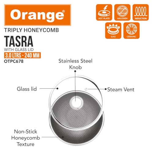 Image of Orange Triply Honeycomb Stainless Steel Tasra Kadai with Glass Lid (3.0Ltr, 24cm) | Heavy Bottom, Scratch Resist Non-Stick Tasra /Tasla | Induction Friendly | 5 Year Warranty