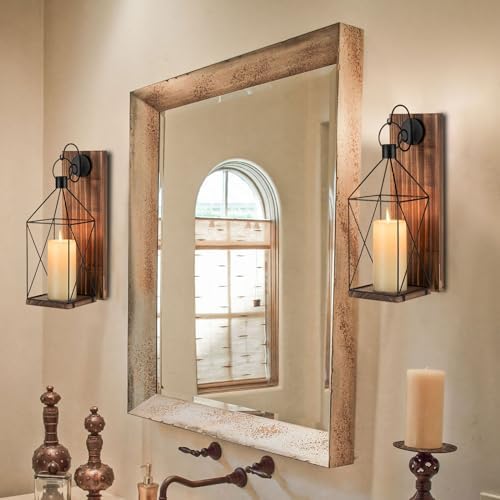 Staymoment Wall Candle Sconce Metal Lantern - Indoor Wood Rustic Candle Holder Decorative Black Candle Lantern for Farmhouse Yard Porch Pathway, 13.4" Wall Decorations Home Decor, Brown