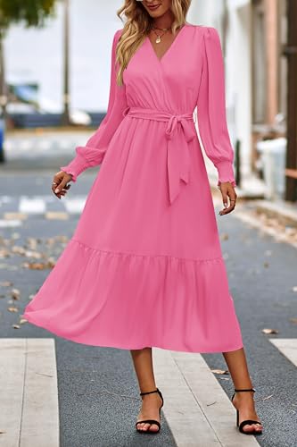 Image of PRETTYGARDEN Women's Floral Boho Dress Fall Long Sleeve Wrap V Neck Ruffle Flowy Maxi Spring Wedding Guest Vacation Dresses