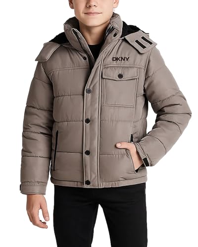Image of DKNY Boys Puffer Jacket - Wind Water Resistant Polar Fleece Lined Boys Winter Coat - Cozy Kids Jacket with Sherpa Lined Hood