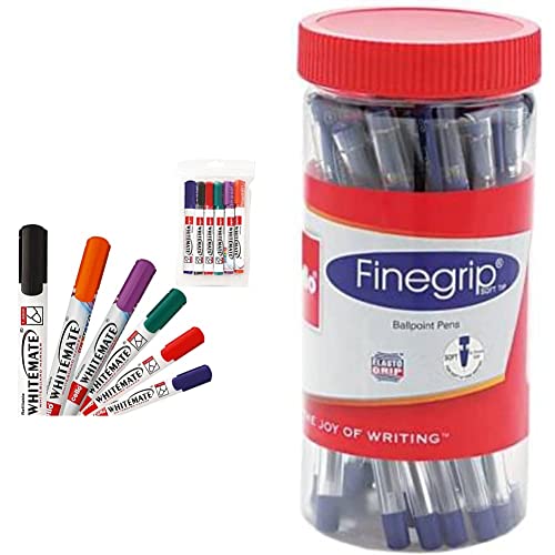Image of Cello Whitemate Whiteboard Markers Set of 6 (Multicolored) School & Office Stationery Ideal for Work from Home Finegrip Ball Pen (25 Pens Jar - Blue) Comfortable & Smooth writing ball pens