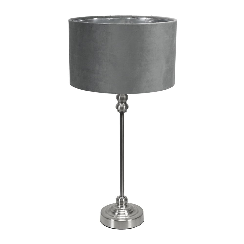 Valuelights Grey Velvet & Chrome | Maggie Brushed Chrome Metal Candlestick Table Lamp With Shade & Warm White Bulb | Table Lamps, Home Décor & Improvement Essential