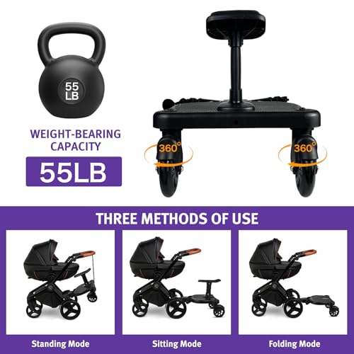 Image of JUANWAN Universal Stroller Board with Detachable Seat - 2 in 1 Sit and Stand Stroller Standing Board for Most Brands of Strollers Holds Children up to 55#Black