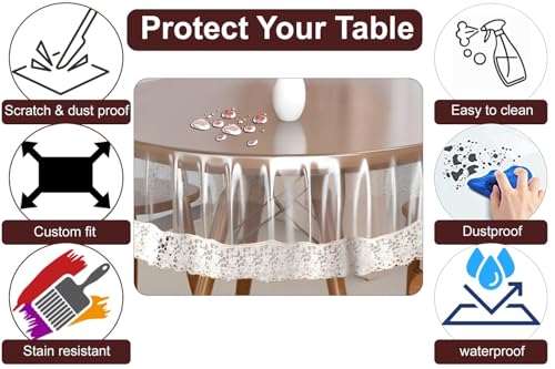 Image of The Furnishing Tree Round Shaped 4 Seater Transparent Table Cover Size 54x54 inches 0.25 mm Thickness with White Lace