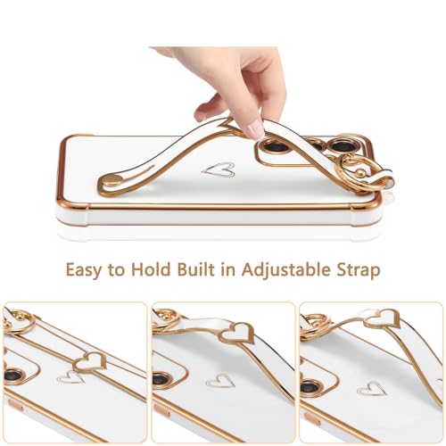 ZTOFERA Compatible with Samsung Galaxy A55 5G Case with Wrist Strap, Flexible Silicone Protective Phone Case with Cute Heart Pattern Kickstand Handle Gold Trim Shockproof Cover, White - Image 3