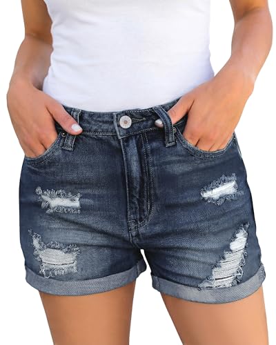 luvamia Women's Ripped High Waisted Denim Shorts Stretchy Cuffed Hem Jean Shorts