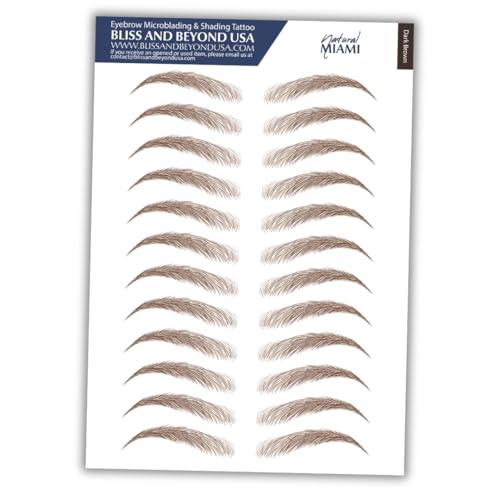 Bliss and Beyond USA | Waterproof Eyebrow Tattoo Stickers. A real hair stroke look. Hair replacement without surgery. Solution for hair loss. Bushy Tinted eyebrow tattoos. (New Miami Dark Brown)