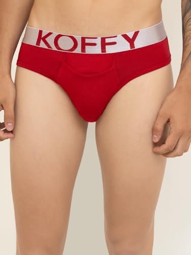 Image of KOFFY Men's Premium Cotton Lycra Brief with Minus Cutting Pouch| Silver Metallic Elastic| 4 Way Stretch| Wrinkle Free| Pack of 1