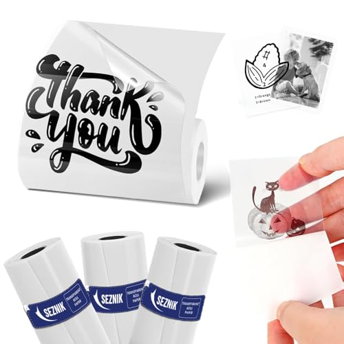 Image of Seznik Transparent Sticky Thermal Paper Rolls, 57mm Width, 2 inch Thermal Paper for Mini Thermal Printer (Transparent-Sticky- 3 Rolls)