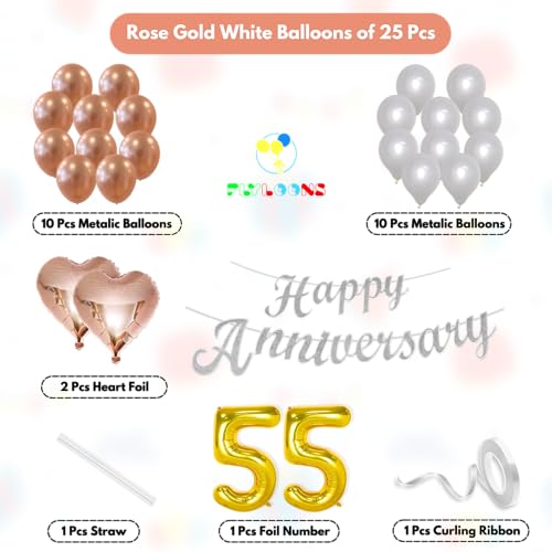 Image of Flyloons 55th Happy Anniversary Decoration Items Rose Gold White for Men Women Husband Wife Mom Dad Parent Couple Home Bedroom Car With 20 Pcs Metallic Balloons Anniversary Banner 2 Pcs Heart Set Kit