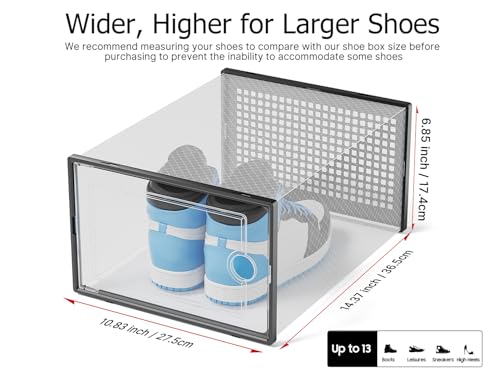 Image of Kuject XX-Large Shoe Storage Boxes Organizers Clear Plastic Stackable 12 Pack, Shoe Rack & Holder Substitute, Sneaker Containers, Shoe Storage Organizer Bins for Closet, Under Bed, Black(No Fold Line)