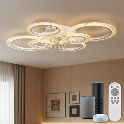 Ventilador de Techo con Luz y Mando Silencioso, Compatible con Alexa/App, Plafón Ventilador Invisible Moderno, Motor DC Bajo Consumo, LED Regulable, Función Invierno/Verano, Temporizador, Blanco