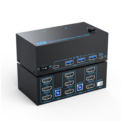 8K KVM Switch 3 Monitores 2 PC 3 Port HDMI Dual PC Triple Monitor 2 PC 8K @ 60Hz/4K @ 120Hz 2 IN 3 OUT USB 3.0 KVM Switches, Wired Remote & USB 3.0 Cables & Power Cable Included