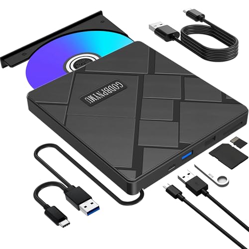 5-in-1 External CD/DVD Drive for Laptop USB 3.0 & Type-C Portable CD/DVD Burner with SD/TF Card Reader CD Player for Laptop Compatible with Laptop/Desktop PC Windows 11/10/8/7/XP Linux Mac OS