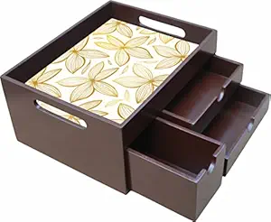 Enigmatic Woodworks Wooden Serving Tray with Multi Drawers I Sturdy Tea Breakfast Kitchen Bedroom Platter with Handle I Spoon Knife Fork Napkin Tea Sugar Milk Sachets I Size 10X8X5 I Brown-YF