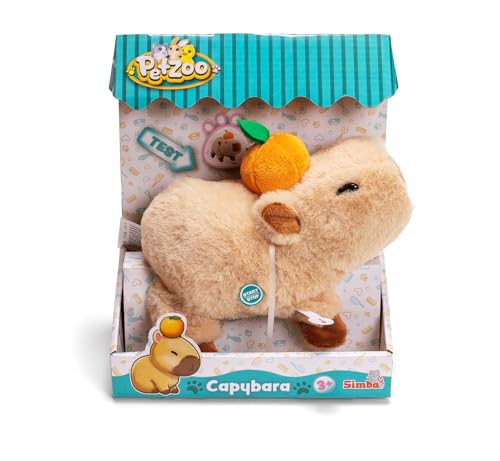 Simba PetZoo Capybara Stofftier – mit Orange auf dem Kopf, läuft und Macht süße Geräusche, Try Me-Funktion, interaktives Plüschtier, 17 cm, ab 3 Jahre