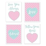Sweet Jojo Designs Pink and Turquoise Polka Dot Hearts Wall Art Prints Room Decor for Baby, Nursery, and Kids for Sklyar Collection - Set of 4 - Love Adored