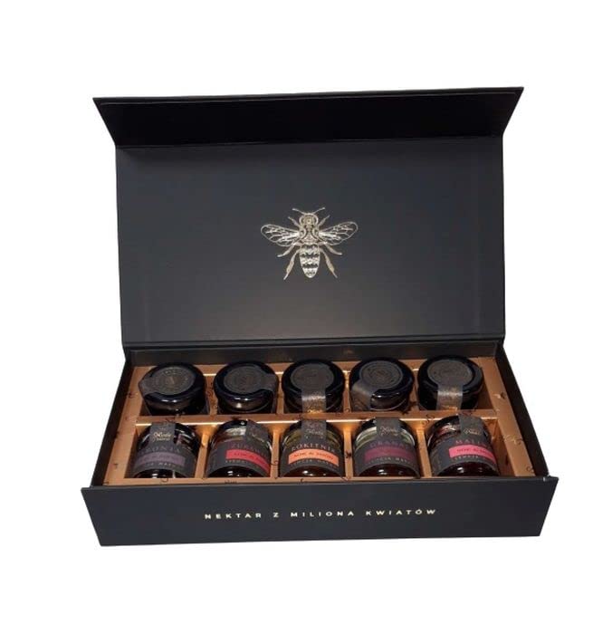 Natural Food Fleur de Nectar Multifleurs - 5x Miel + 5x Jus - Coffret Cadeau Premium - Végétarien - Sans Conservateurs - Sans OGM - Bocaux Boîte Noire...