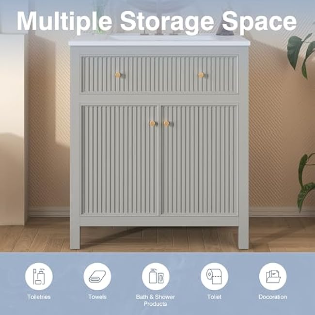 30 Inch Bathroom Vanity with Ceramic Sink Combo, Modern Simple Style Bathroom Cabinet with 1 Storage Cabinet and 1 Tip-Out Drawer, Freestanding Bathroom Storage Vanity, Grey