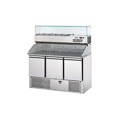 D.o.m. – Saladette refrigerata 3 puertas, tablero de granito con soporte y vitrina refrigerata